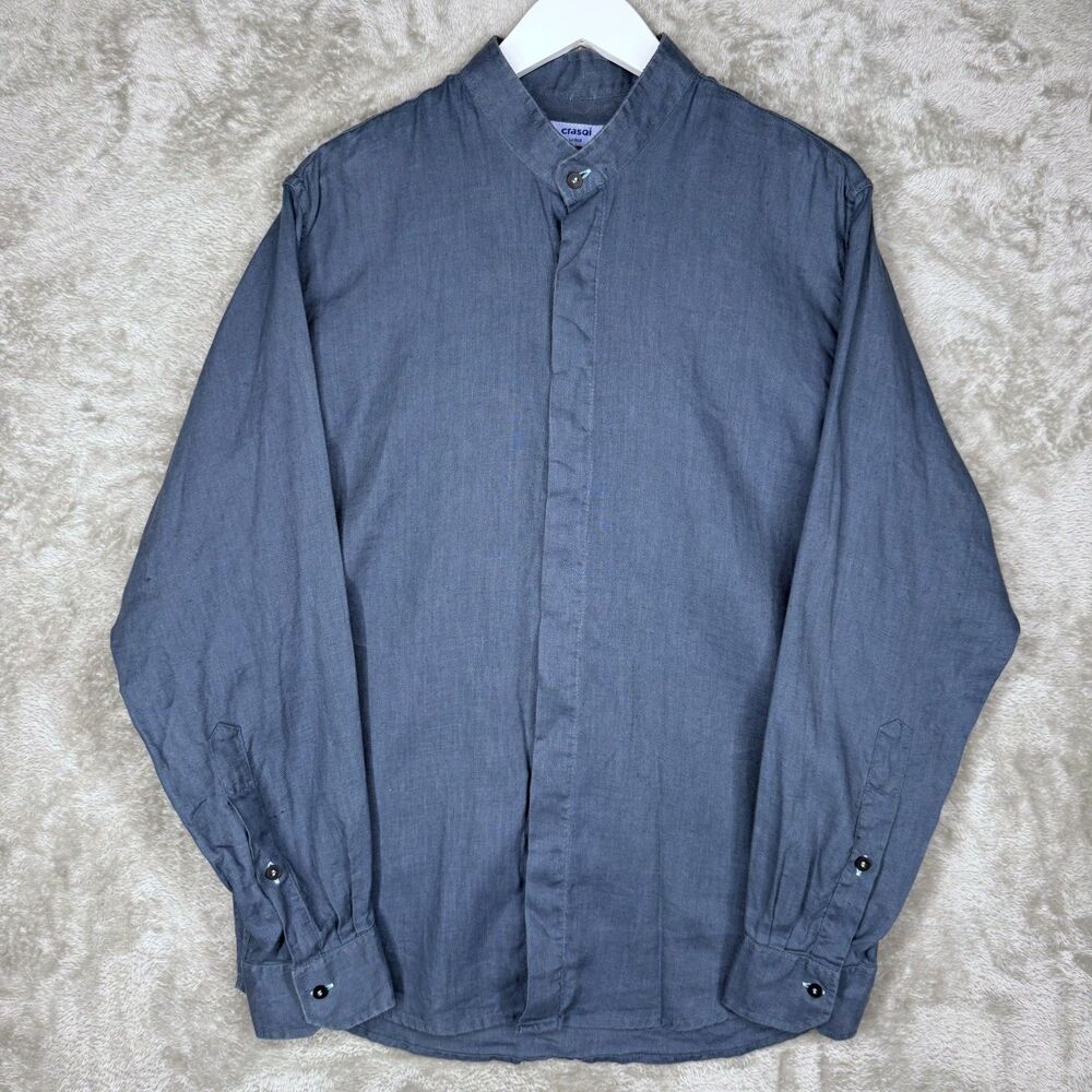 Crasqi Shirt Mens Large Long Sleeve Hidden Button Up Mandarin Collar Linen Blue